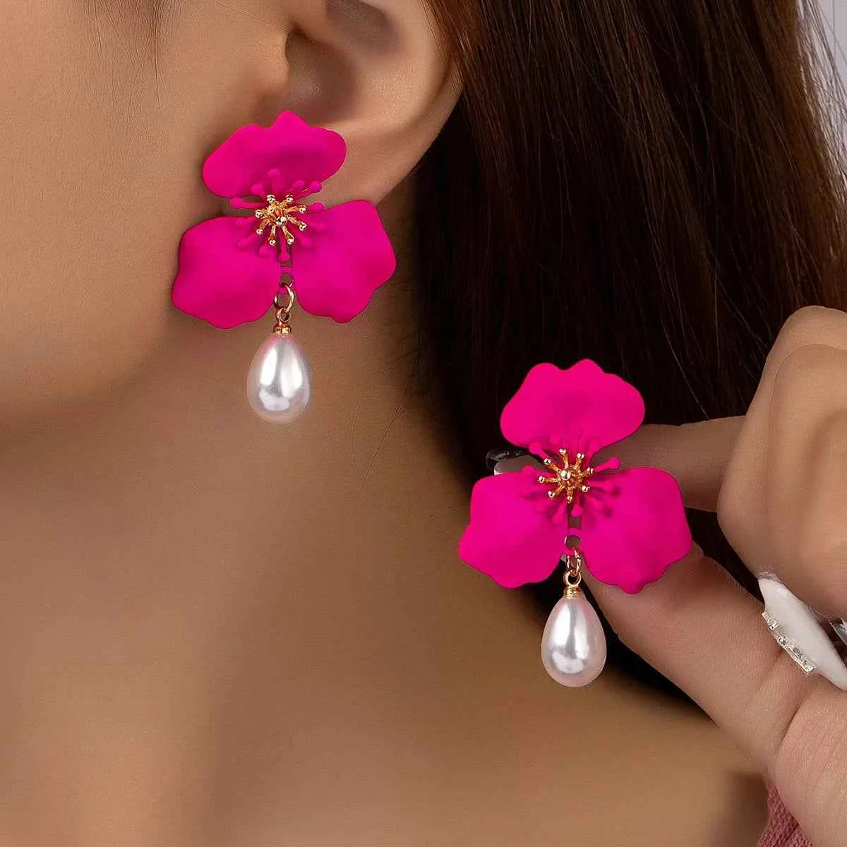 Rose Red Flower Imitation Pearl Dangle Earrings for Women Fashion Multilayer Floral Drop Earrings Jewelry Accessories Party Gift