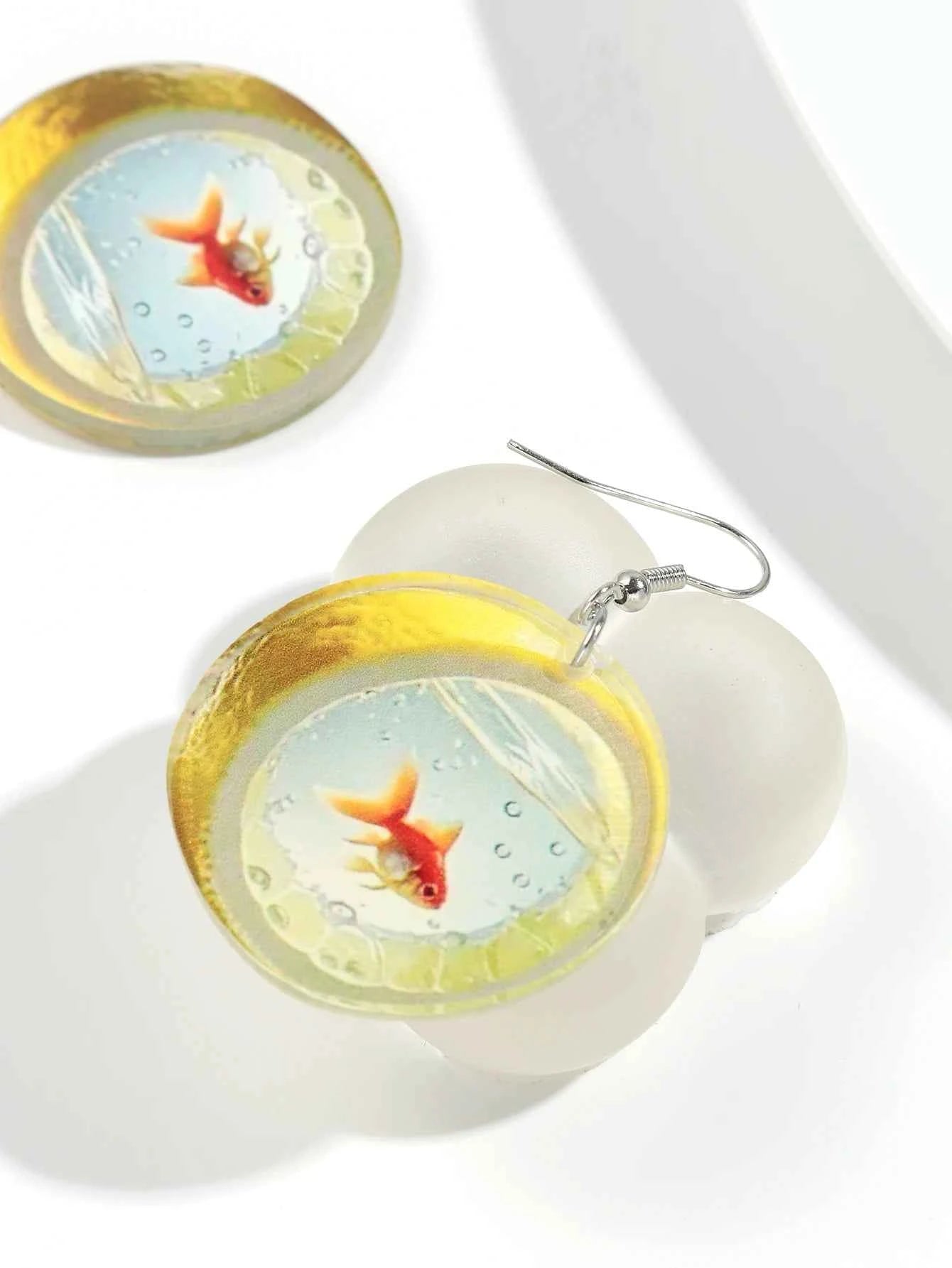 Cute Cartoon 2D Lemon Fish Acrylic Print Drop Earrings for Women Funny Round Carp Dangle Earring Creative Jewelry Birthday Gift
