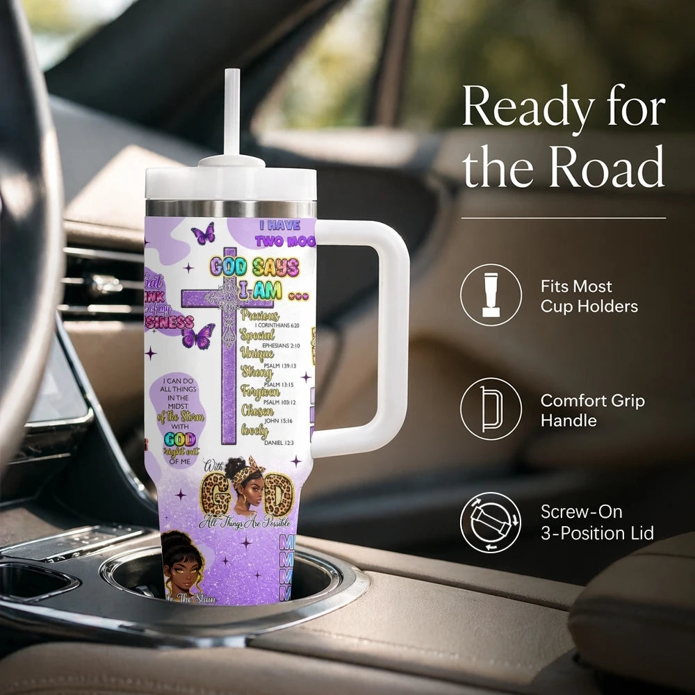40oz Godly Black Woman Tumbler – Faith Quote Stainless Steel Travel Mug