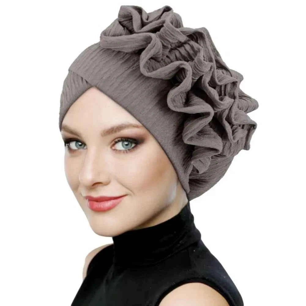 Elegant Elastic Flower Turban Hat Women Ruffle Flower Edge Pre Tied Bonnet Ramadan Chemo Cap For Wedding