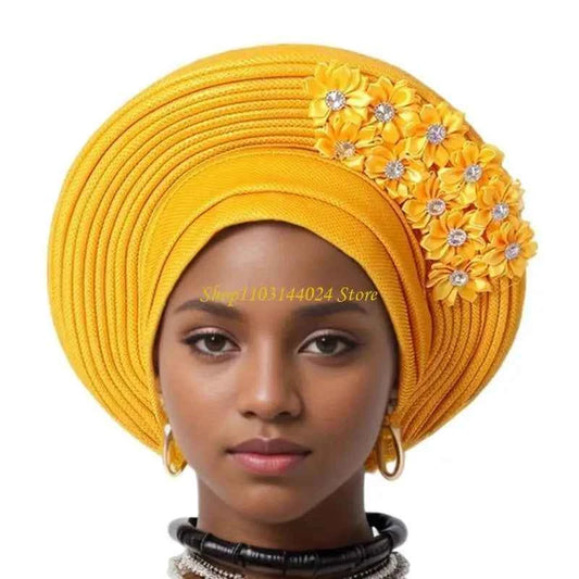 N5KE Flower Turban Hat African Headwrap Hat Formal Event Wedding Multilayer Turban