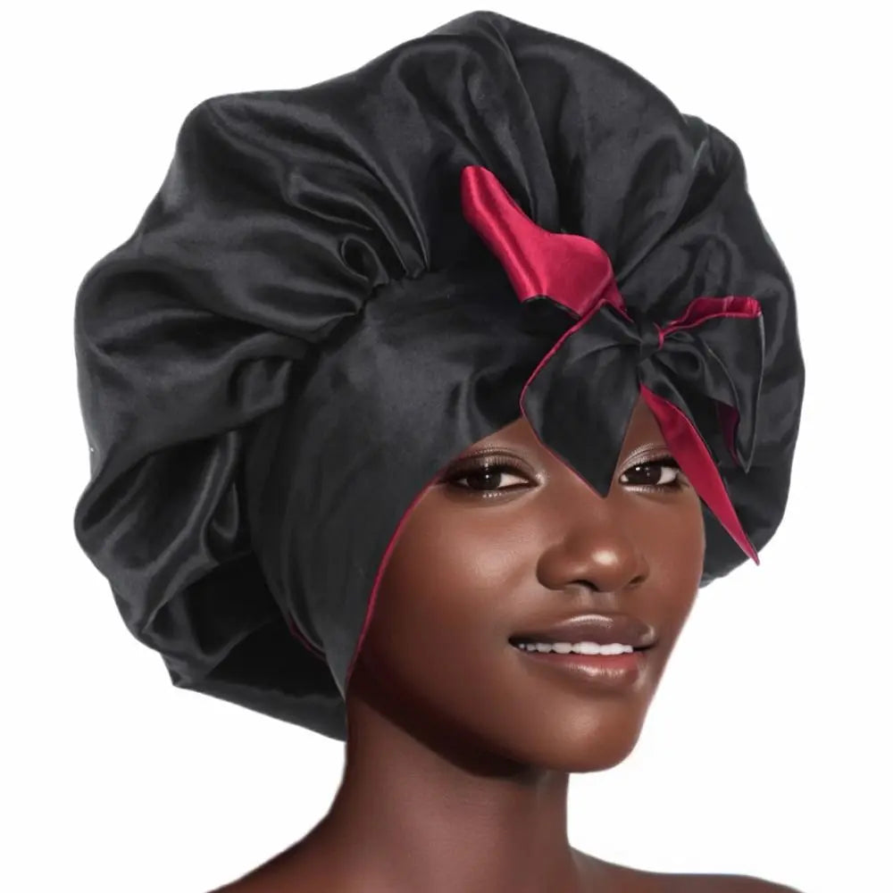 Double-layer Satin Sleep Cap Fashion Adjustable Stretchy Tie Band Silky Satin Bonnet Curly Hair Elastic Hair Cap Sleeping - NamafadStore