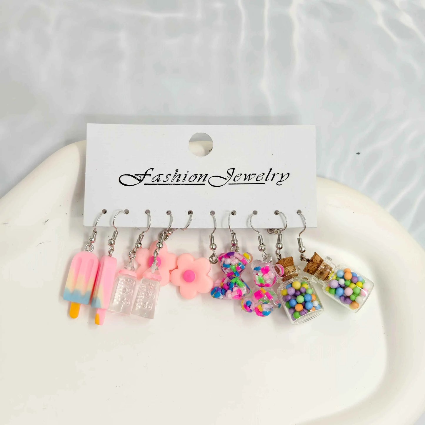 Cartoon Animal White Horse Daisy Wishing Bottle Resin Simulation Food Ice Cream Earrings White Set