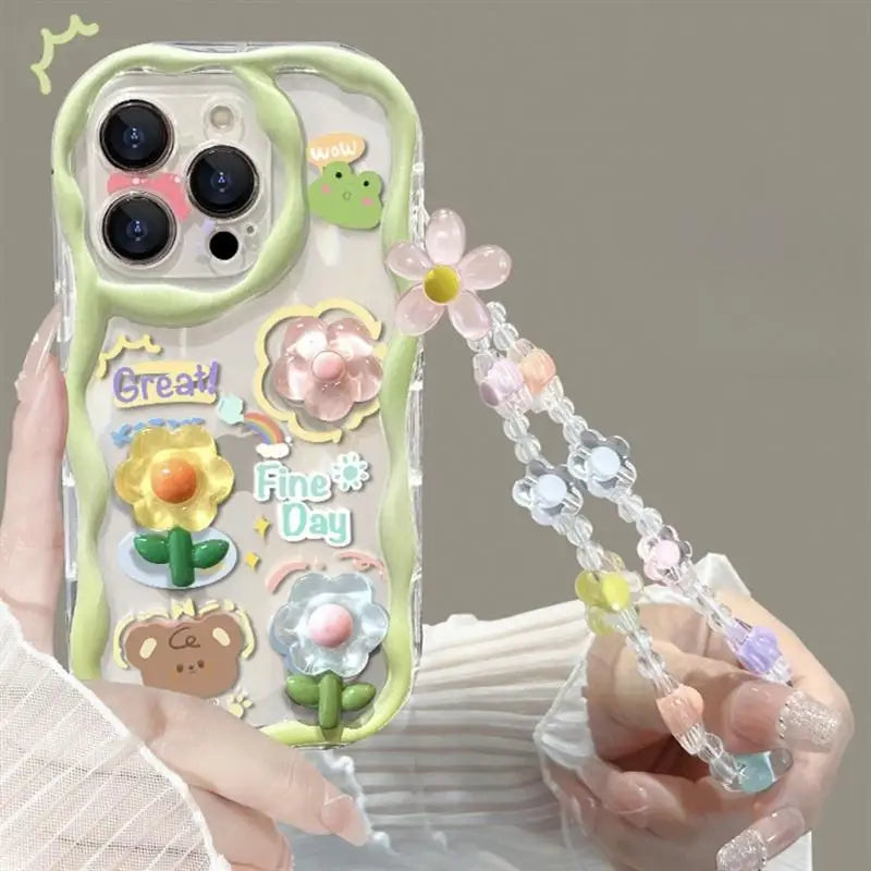 3D Cartoon Cute Flower Case For iPhone 16 15 14 Plus 13 12 Mini 11 Pro XR XS Max cover With Wrist Chain