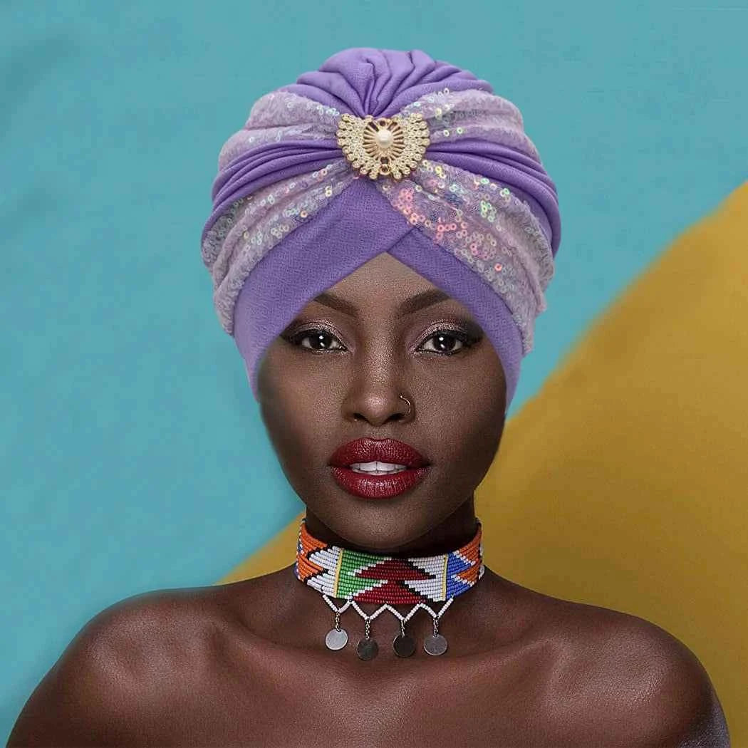 Fashion Sequins Pleated Turban Hat Muslim Headscarf Bonnet Women Head Wraps African Party Headpiece Nigeria Wedding Gele