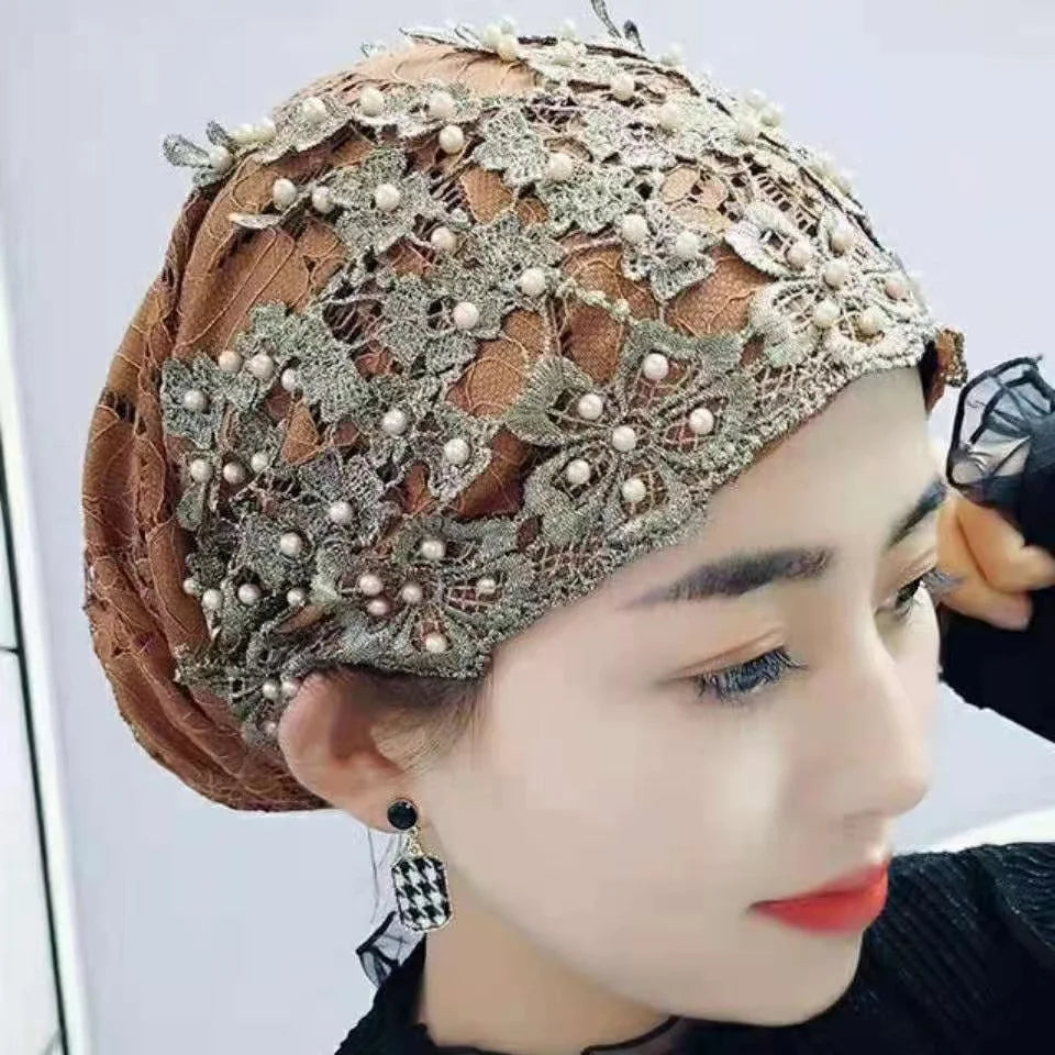 Breathable Lace Beading Turban Hat Summer Female Head Wraps Caps Muslim Women Headscarf Bonnet Ready to Wear Inner Hijabs - NamafadStore