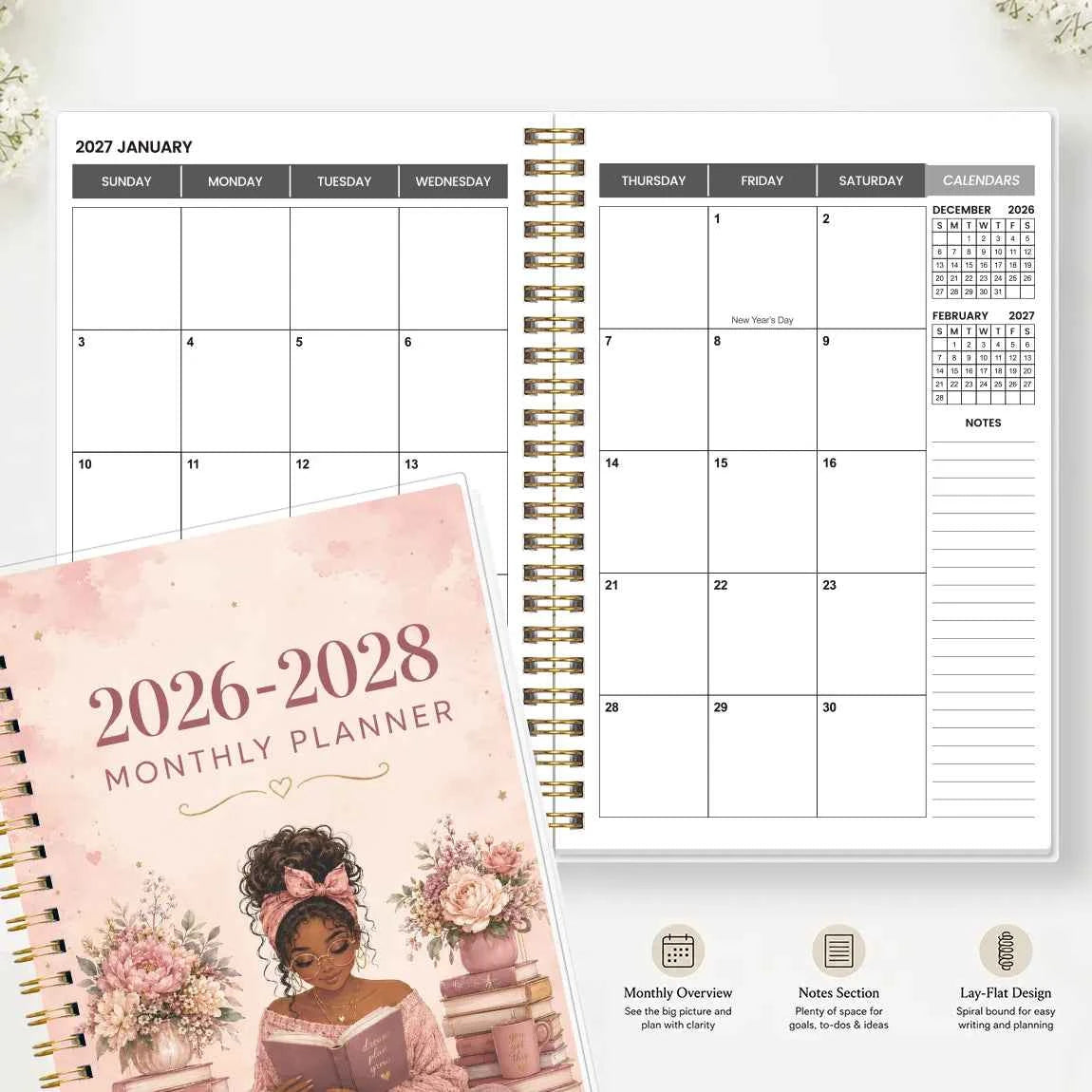 1PC 2026.7-2028.6 24 Monthly Planner, Reading Girl A5 Spiral Agenda Notebook with Reference Calendars and Notes Pages