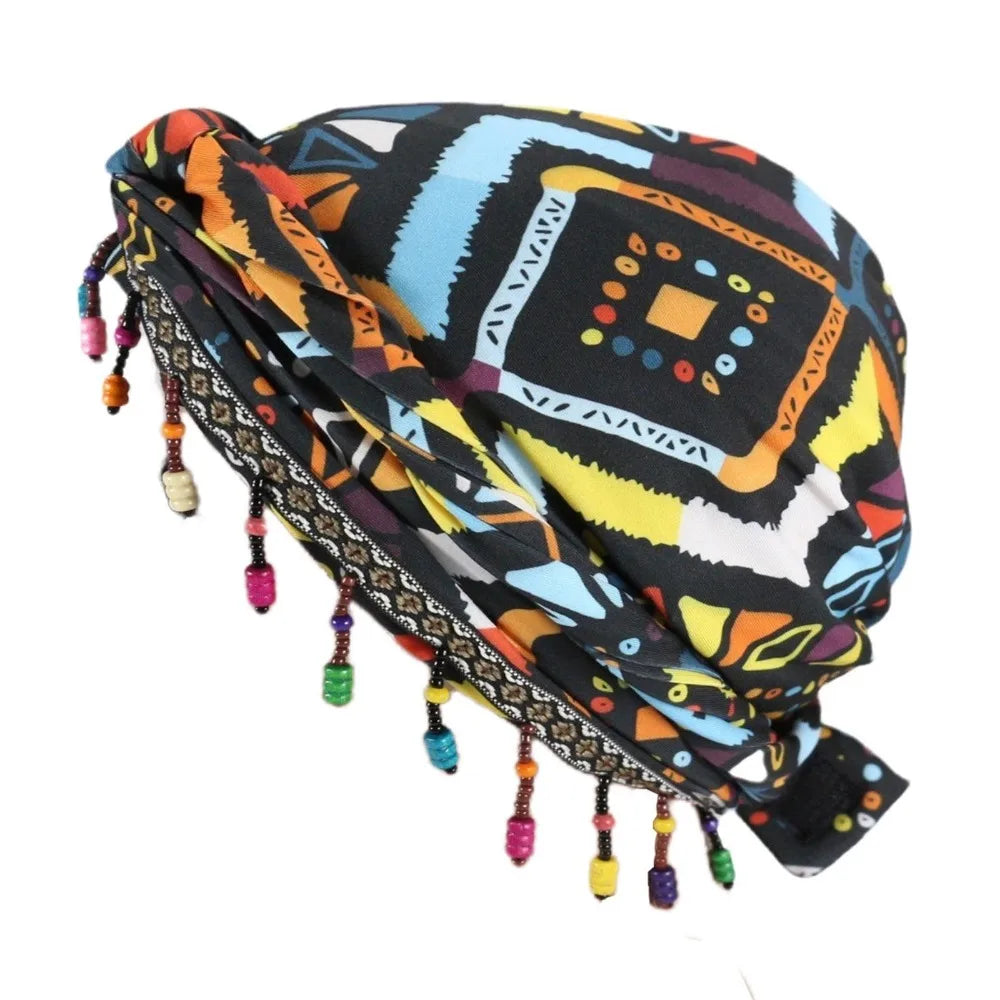 Bonnet Hat Elastic Colorful Beaded Headscarf Breathable Hijab Pre-tie Head Wraps Dome Indian Style Jacquard Pullover Cap Gifts