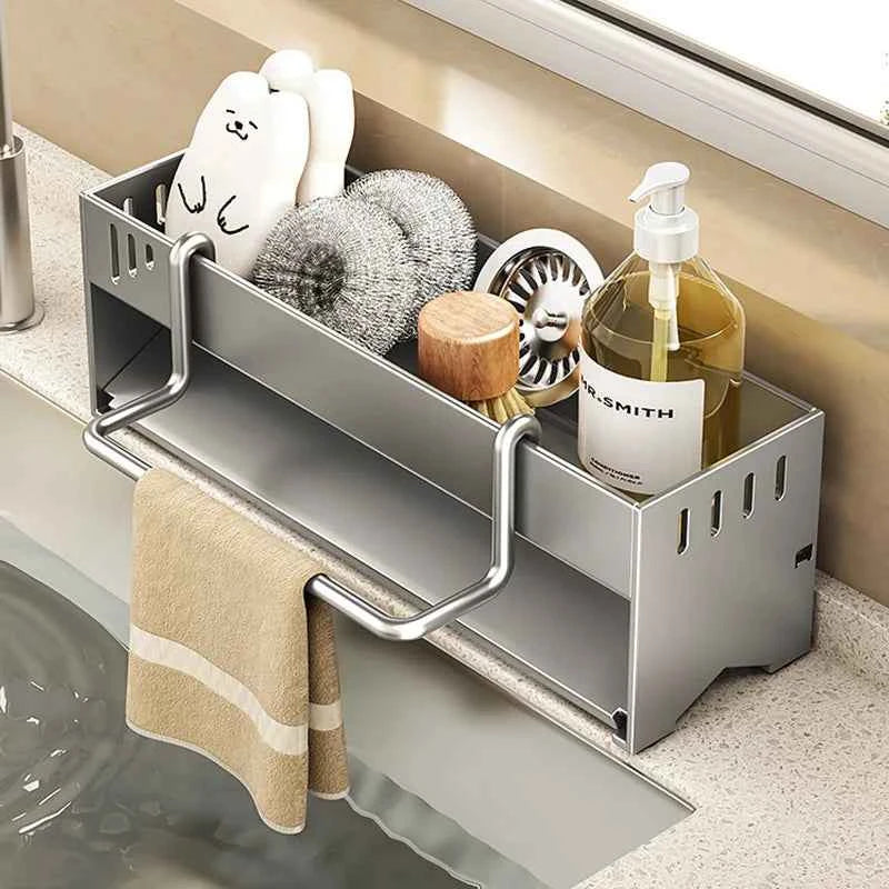 1pc Stainless Steel Kitchen Storage Rack Large-capacity Rag Sponge Draining Rack Household Sink Storage Rack Kitchen Organizer