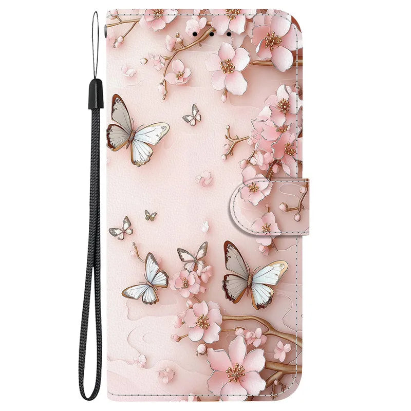 Elegant Colored Flower Wallet Phone Case For iPhone 15 14 Plus 13 Mini 15Pro Pro Max Magnetic Flip Leather Cover Cute 3D Pattern