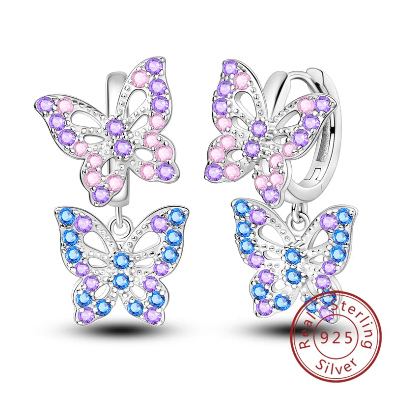 New Original 925 Sterling Silver Hoop Earrings Purple Zircon Flowers Butterflies Studs Earring For Women Wedding Engagement Gift