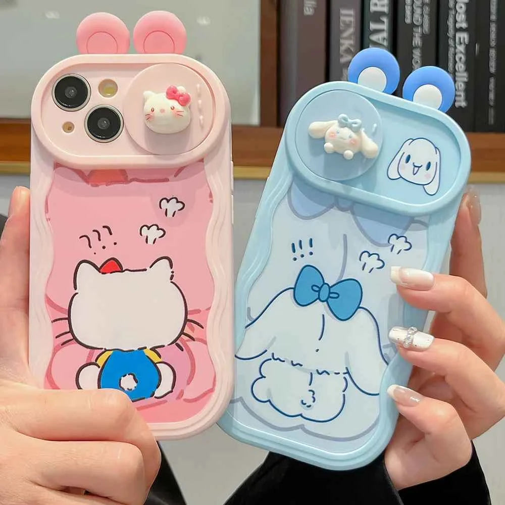 3D Ears Toy Kitty Kuromi Melody Cartoon Sliding Camera Case for iPhone 16 Pro Max 11 12 13 Pro 14 Plus 15 XS XR Wave Phone Capa