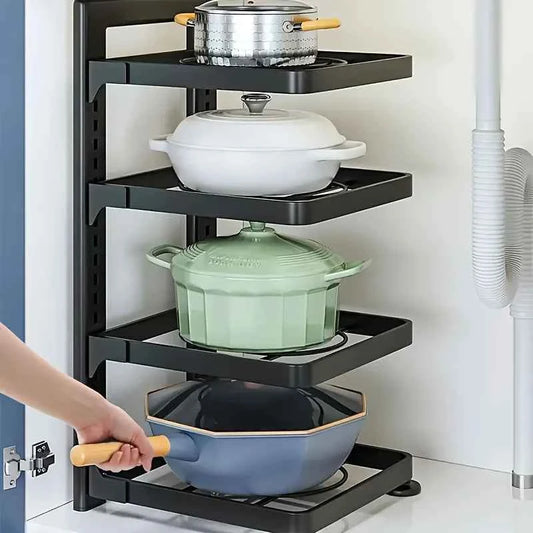Adjustable Kitchen Storage Shelves, Pot Racks & Sink Organizers. Multi-layer Cabinets for Efficient Space Saving.
