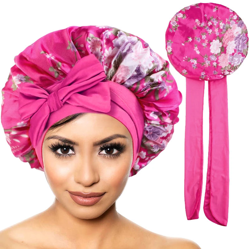 New Women Floral Satin Bonnet Printed Elegant Hair Bonnet with Tie Band Elastic Sleeping Night Cap Lightweight Shower Bath Cap - NamafadStore