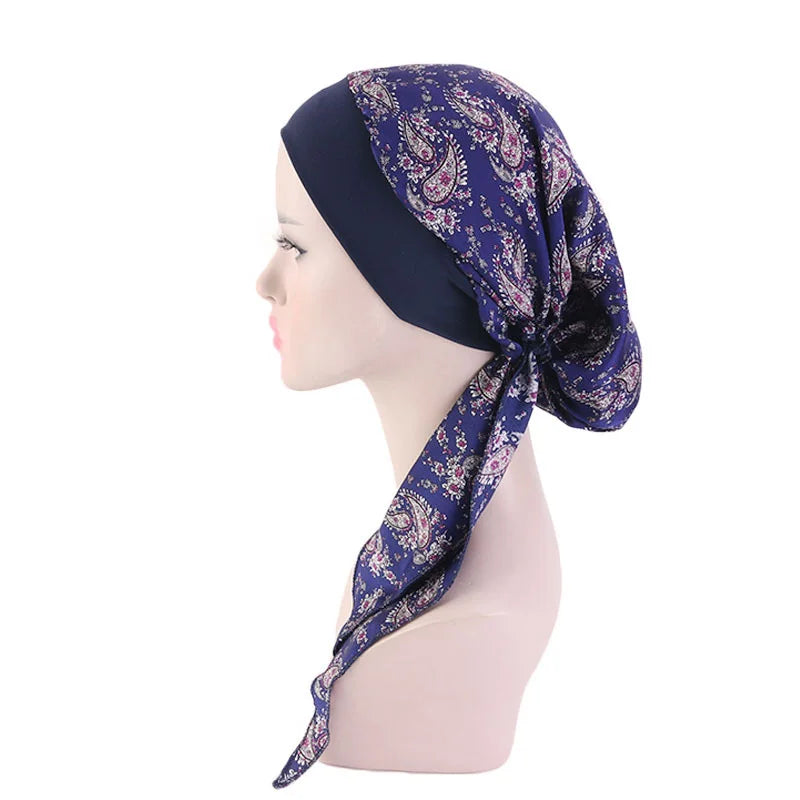 Muslim Women Headwear Turbans Silky Head Scarf With Wide Band Printed Sleeping Hat Hijab Bonnet Hair Cover Ready To Wear - NamafadStore