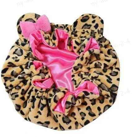 Quick Dry Cat Ear Hair Towel Leopard Print Hair Wrap with Bow for Bath Sleep Cap Satin Lining Frizz Control for Curly Hair