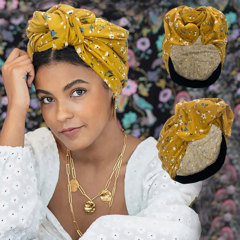 2023 French Vintage Twist Turban Hat Fashion Female Cotton Bandana Headband Women's Hair Cover Cap Floral Print Lady Head Wraps - NamafadStore