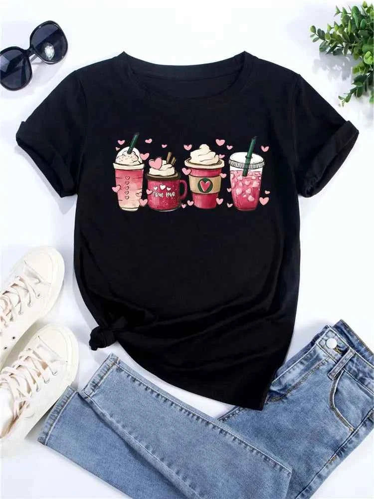 Maycaur Women's Oversized T-shirt Tee Korean Fashion Coffee Cup Print Graphic Female Clothes Valentine's Day Tops Lover T Shirts