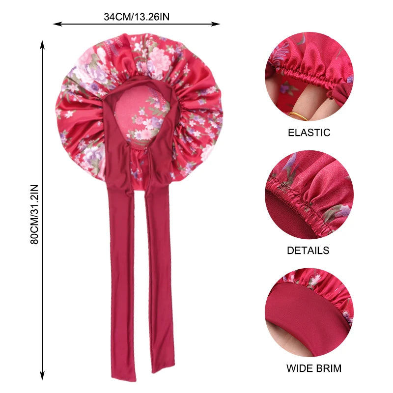 New Flower print Silky Bonnet For Sleeping Satin Hair Bonnet With Tie Band Hair Cover Night Shower Cap For Natural Curly Hair - NamafadStore