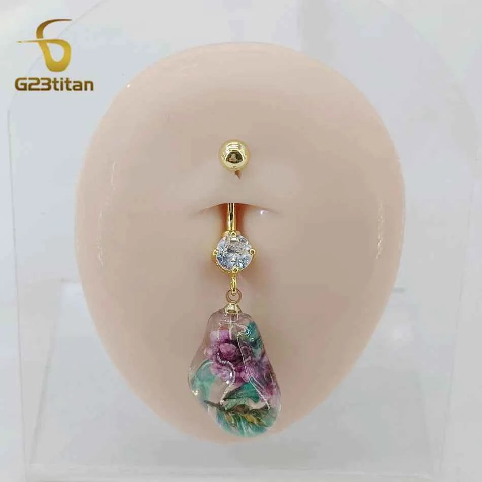 Transparent Resin Flower Charm Dangle Belly Button Ring 14G Allergy Free Titanium Bar Navel Piercing Women Summer Beach Jewelry