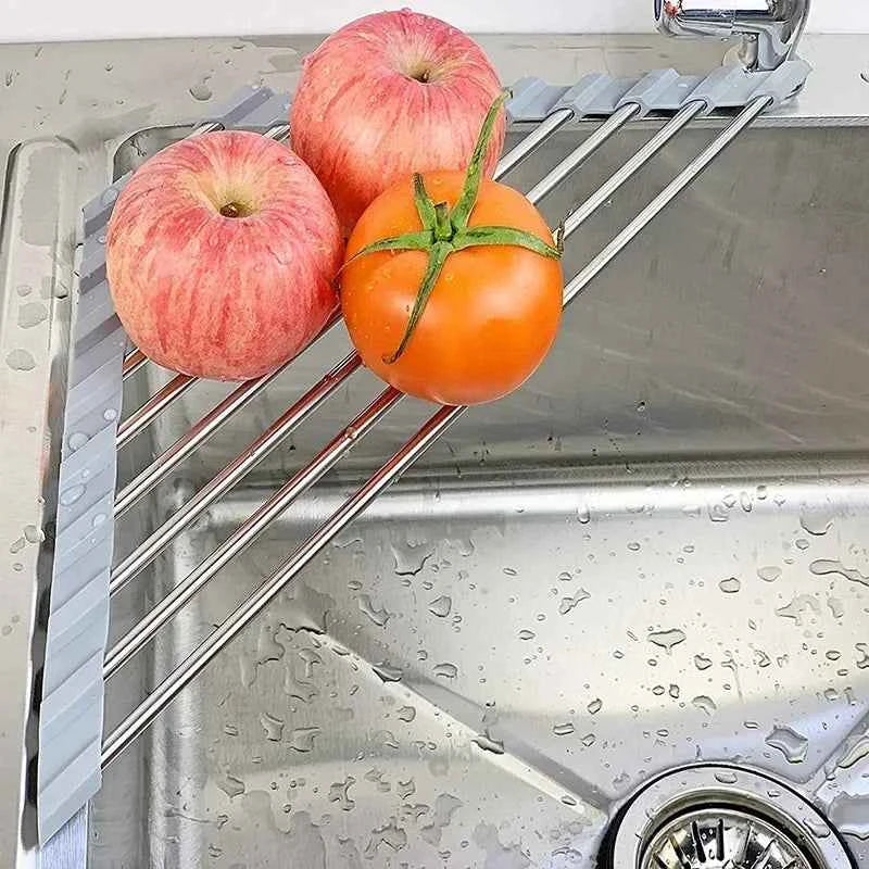 Roll Up Triangle Dish Drying Rack Kitchen Sink Organizer Corner Over the Sink Sponge Rag Holder Foldable Stainless Steel Drainer
