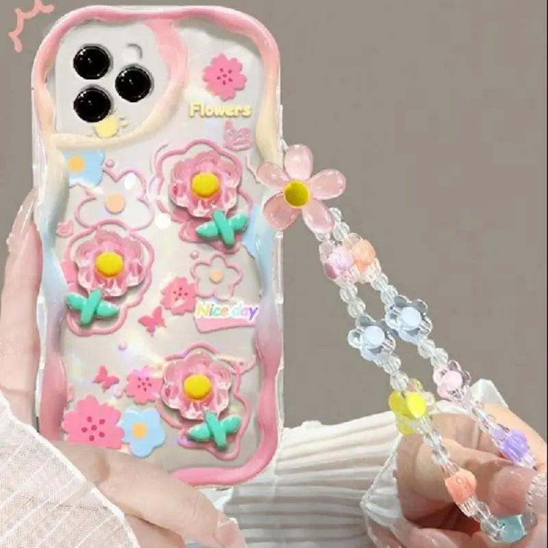 3D Cartoon Cute Flower Case For iPhone 16 15 14 Plus 13 12 Mini 11 Pro XR XS Max cover With Wrist Chain