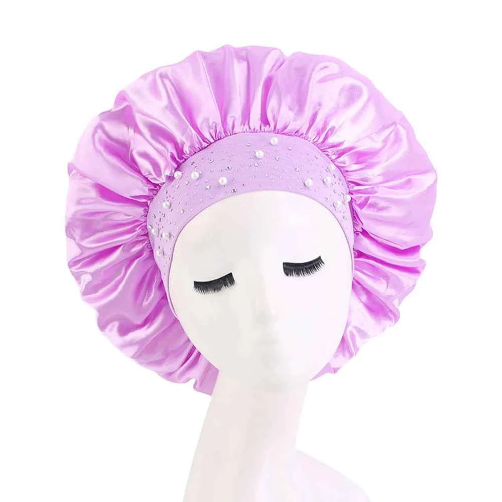 Newly Satin Sleep Cap Rhinestone Sleeping Bonnet Women Hat Night Hair Care Salon Shower Makeup Headband Muslim Hijab Head Cover