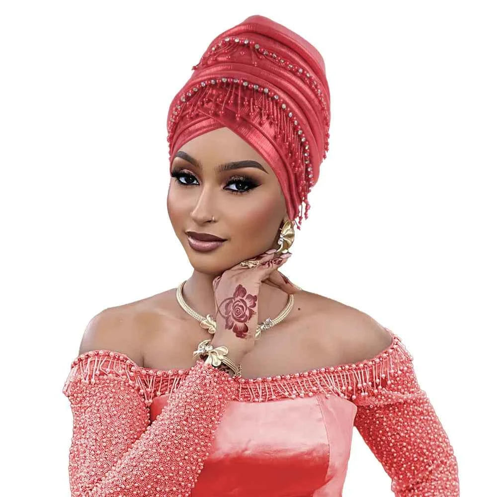 Fashion Turban Cap for Women African Lady Head Wraps with Beading Tassels Nigeria Weding Party Hat Headwear