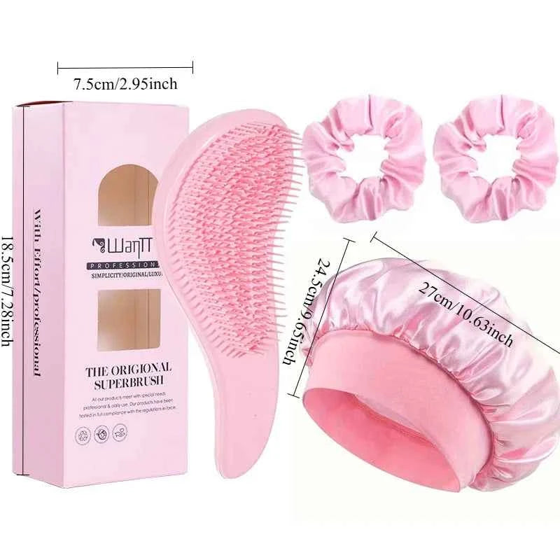 2/4Pcs Hair Care Set Scalp Massage Detangling Comb + Satin Sleep Cap + 2 Hair Scrunchies, Anti-Frizz Hair Accessories for Women