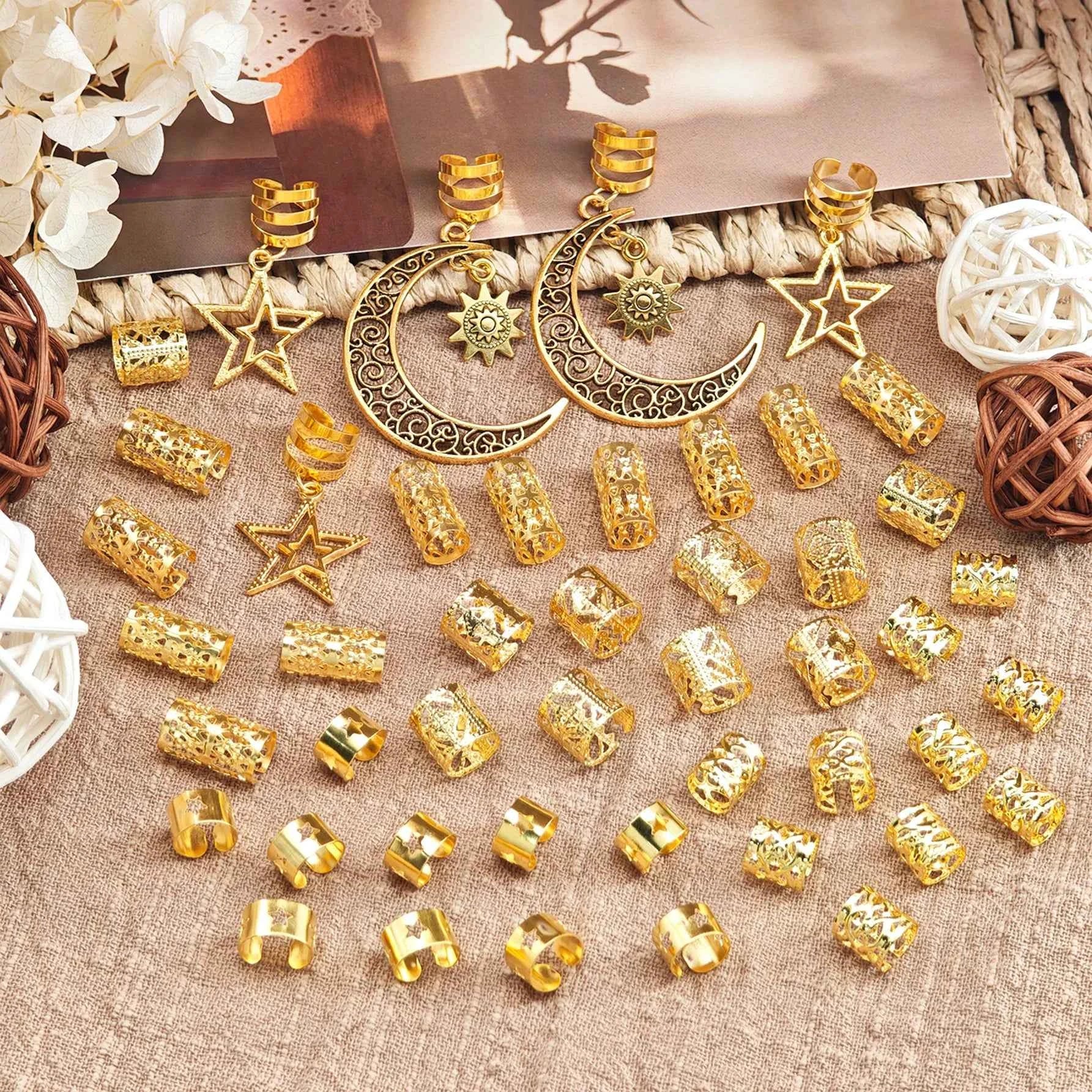 45pcs Women Dreadlock Bead Assortment Moon & Star Design Hair Accessories, Fashion Unique Hair Clip, School Stuff