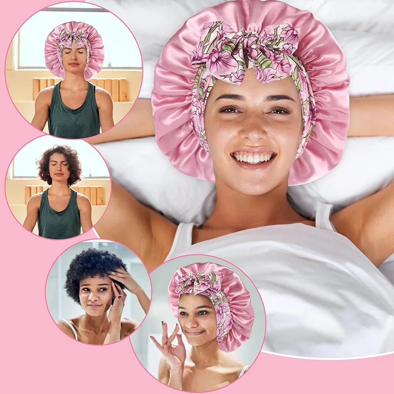 Women's Lace-up Satin Bonnet With Wide Stretch Ties Band Long Tail Bonnet Satin Cheveux Nuit Silky Sleeping Night Cap Bonnets - NamafadStore