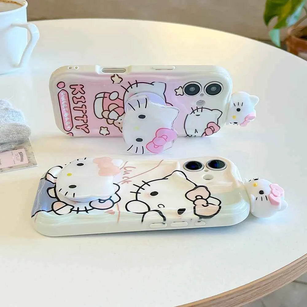 For Samsung Galaxy S25 Ultra S26 S24 FE S23 Plus S22 S21 S20 M55 Pink Kitty Head Grip Tok Holder Cartoon Wave Soft Phone Case
