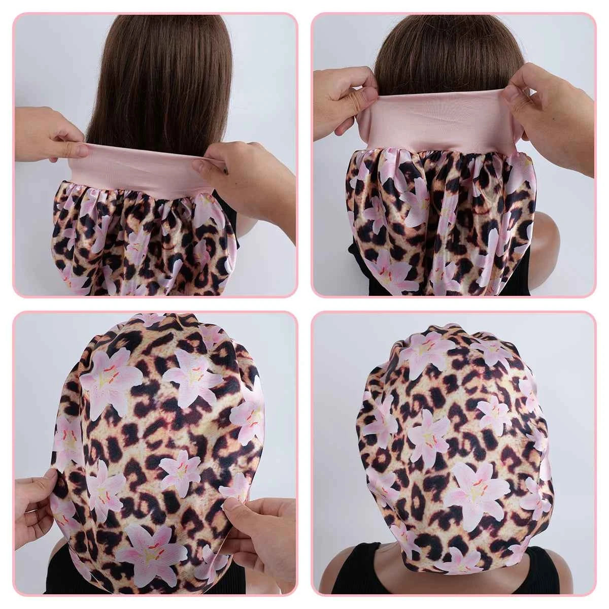 1PC Women's Leopard Print Satin Sleep Bonnet - Adjustable Night Cap for Hair Protection While Sleeping