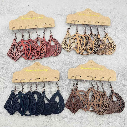 Vintage Hollowed Out Wooden Earrings Fashionable  Bohemian Style Creative Geometric Earrings Set for Women's Daily Wear