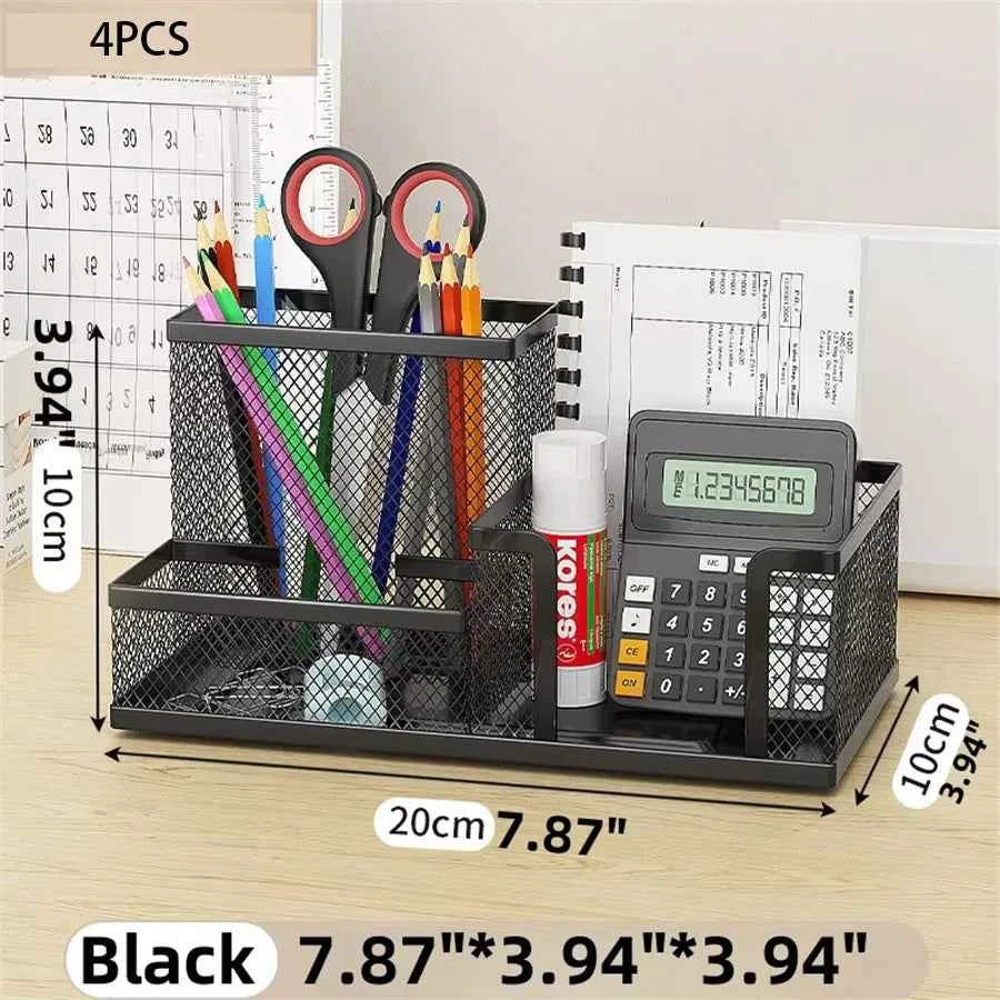 Mesh Desk Organizer Office Supplies Caddy with Pencil Holder and Storage Baskets for Desktop Accessories, 3 Compartments, Black