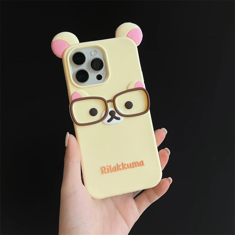 For iPhone 16 15 14 Plus 13 12 Pro Max 11 X Xs Max 7 8 SE 6s 5s Phone Case 3D Cartoon Glasses Rilakkuma Bear Soft Silicone Cover