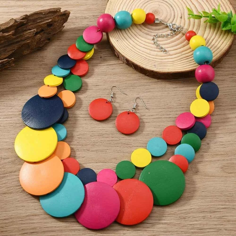 African Jewelry Bohemian Colored Geometric Round Wooden Beads Handmade Bead Necklace And Earrings Women's Party Accessories