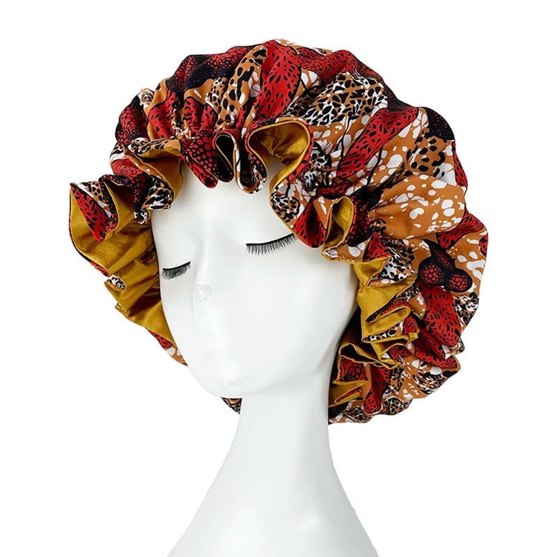 African Pattern Print Bonnet Hijabs Hat Women Night Sleep Cap Double Layer Satin Turban Extra Large Head Wear Lady Head Wrap Hat - NamafadStore