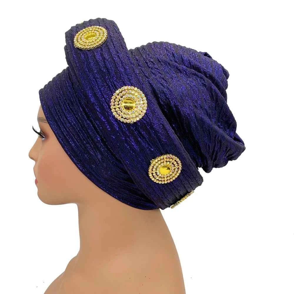 Already Made African Headtie Glitter Diamonds Women's Turban Cap Female Head Wraps Nigeria Wedding Auto Geles Party Headwear Hat