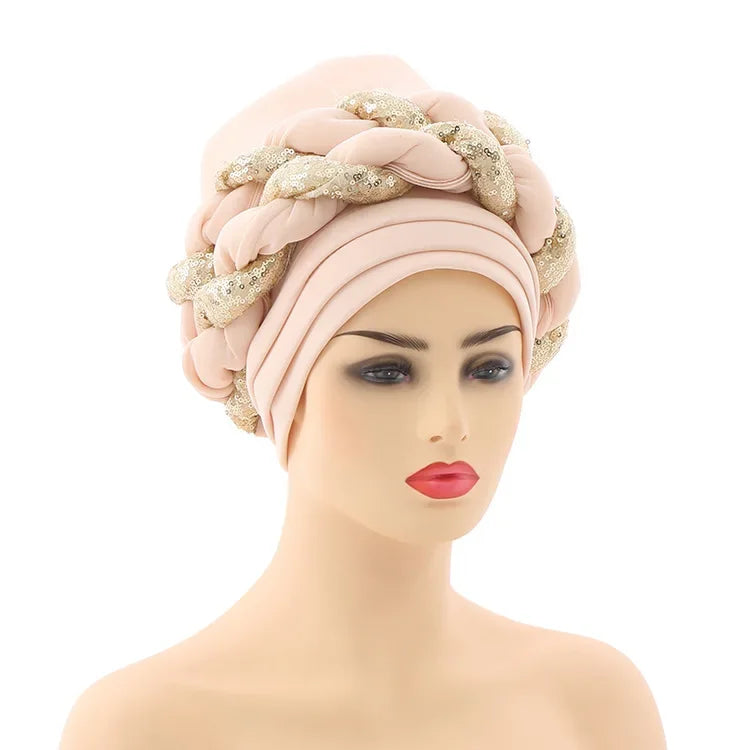 Women Braid Turbans Latest African Headtie Ladies Sequin Head Wraps African Aso Oke Winter Headtie Negerian Wedding Gele Caps - NamafadStore