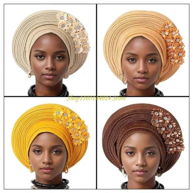N5KE Flower Turban Hat African Headwrap Hat Formal Event Wedding Multilayer Turban