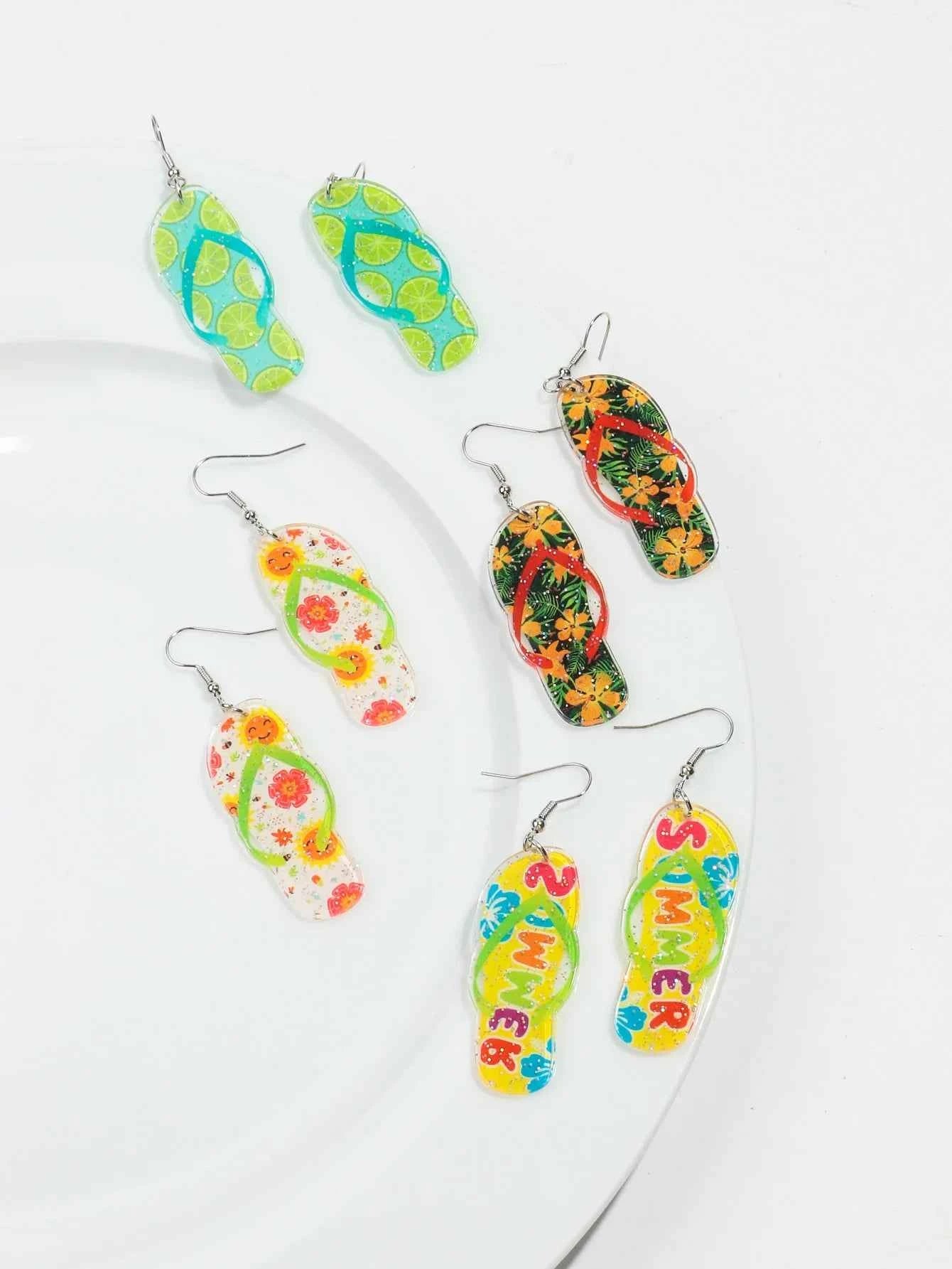 Bohomian Summer Acrylic Flower Slippers Earrings for Women Boho Resin Cute Lemon Leopard Print Shoes Earring Design Jewelry