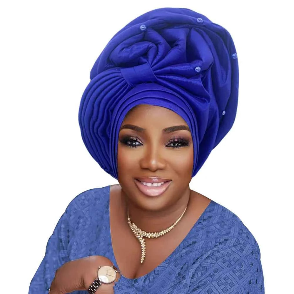 African Female Head Wraps Raw Silk Turban Cap for Women Nigeria Wedding Party Headcover Hat Ready to Wear Head Ties