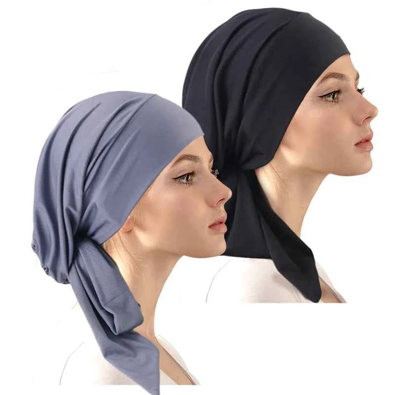 2PCS Pre-Tie Muslim Turban – Elastic Ribbon Head Scarf & Fashion Beanie for Women