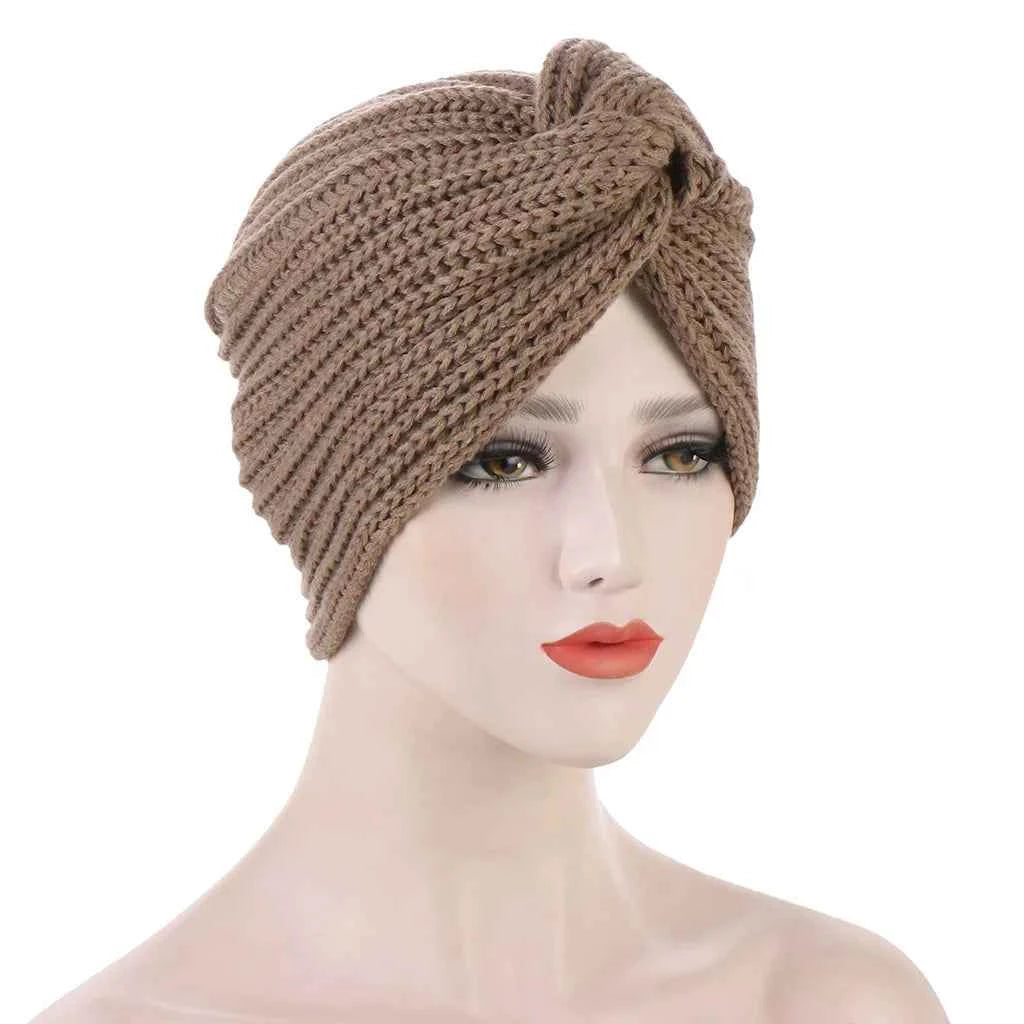 Muslim Fashion Imitation Cashmere Turban Caps for Women Bohemian Style Hijab Caps Indian Hat Solid Color Ladies Knitted Cap