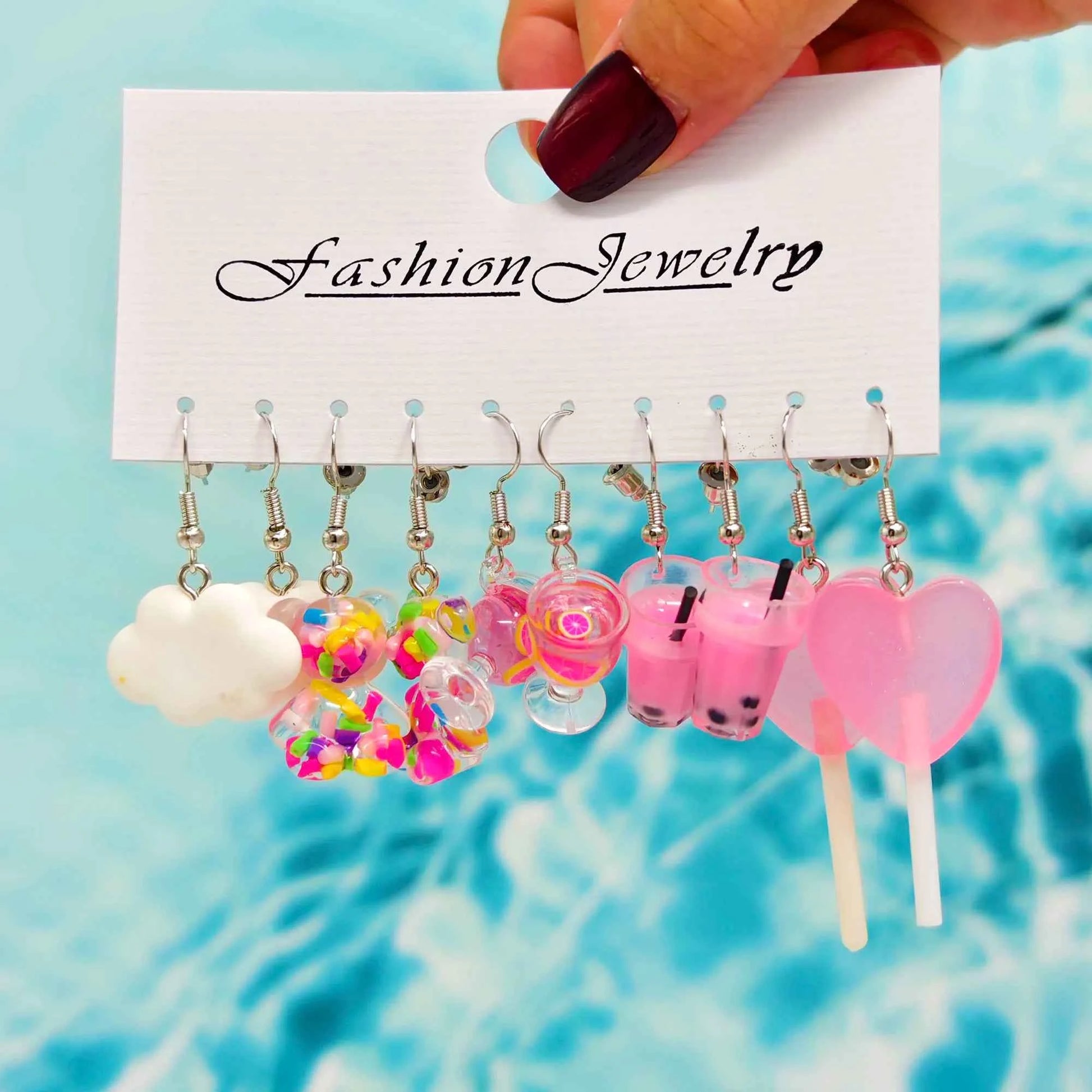 Little Bear High footed Cup White Cloud Earrings, Resin Simulation Food Candy Earrings Set