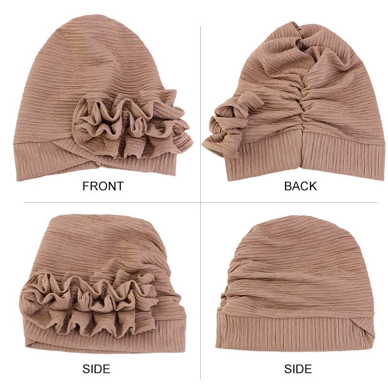 New Muslim Ruffle Flower Elegant Turban Hat for Women Bonnet Solid Hat Elastic Islam Beanies Hats Ramadan Chemo Cap - NamafadStore