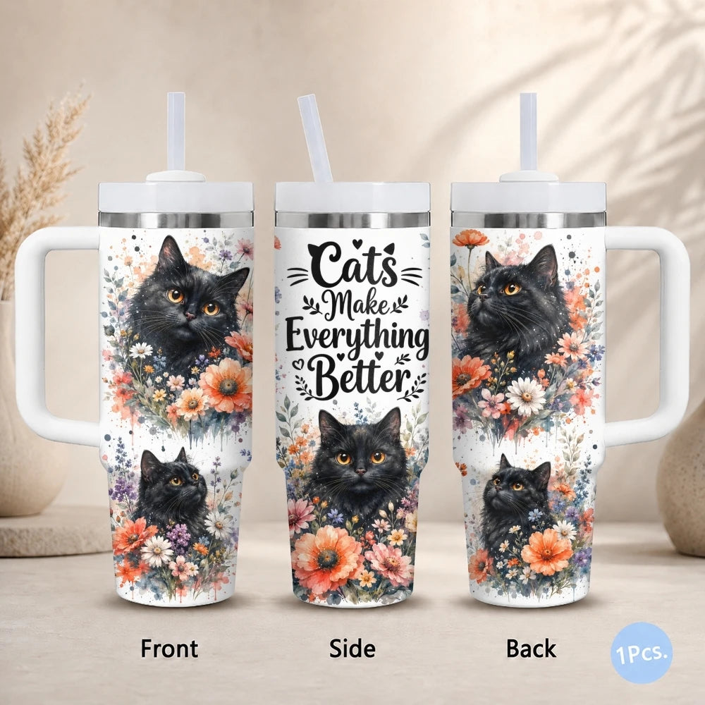 Cat & Floral 40oz Tumbler – Cute Stainless Steel Insulated Cup with Straw