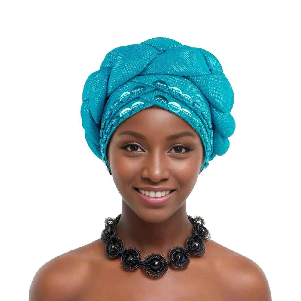 2025 Latest African Auto Gele Headtie Already Made Headties Shinning Turban Cap for Women Ready Nigerian Hijab Braid Head Wraps