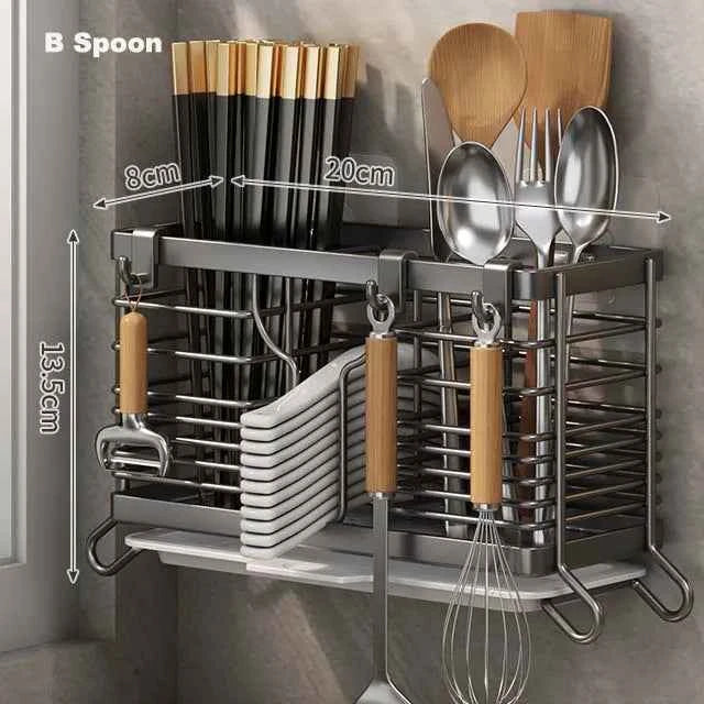 Cutlery Organizer Kitchen Storage Rack Wall Mounted Knife, Fork, Spoon Chopstick Rack with Drainage Tray Kitchen Utensil Cage